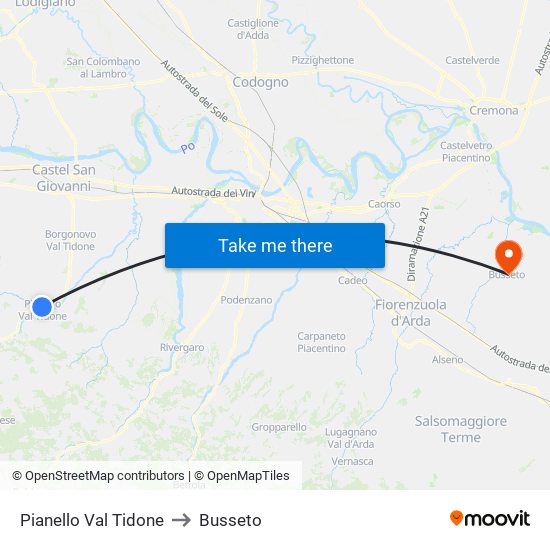 Pianello Val Tidone to Busseto map