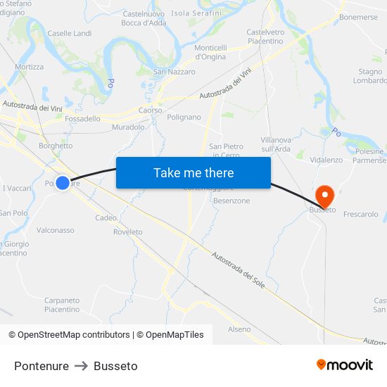 Pontenure to Busseto map