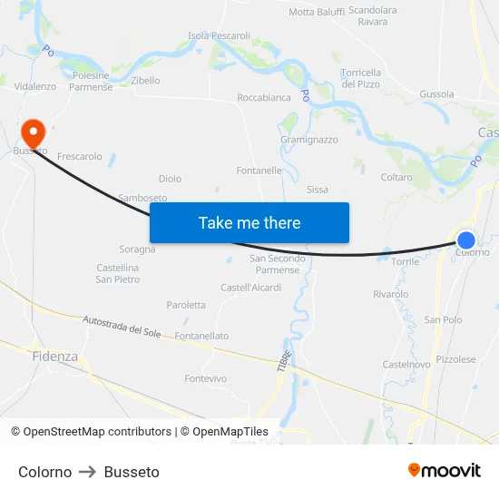 Colorno to Busseto map