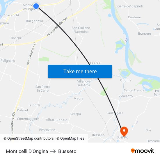Monticelli D'Ongina to Busseto map