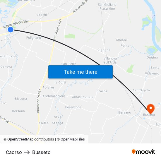 Caorso to Busseto map