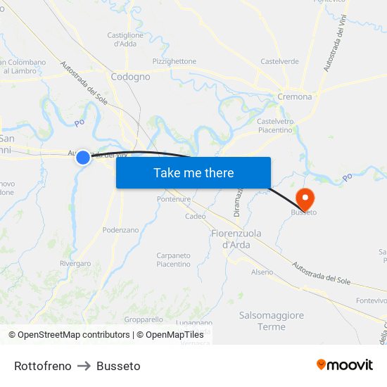 Rottofreno to Busseto map