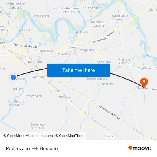 Podenzano to Busseto map