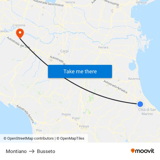 Montiano to Busseto map