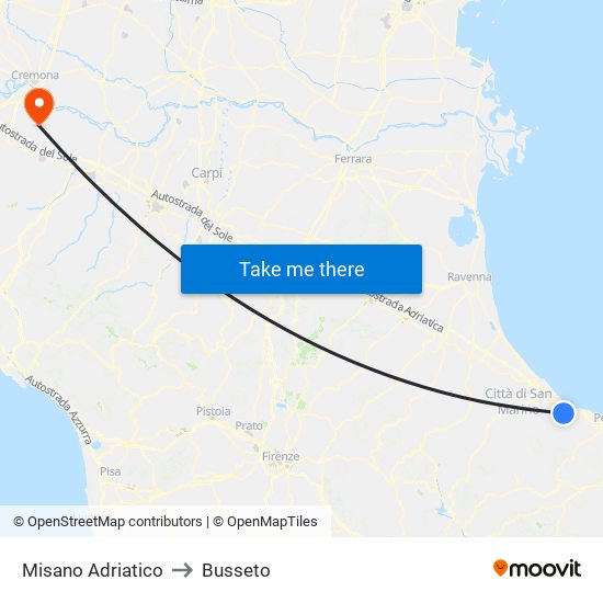 Misano Adriatico to Busseto map
