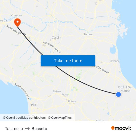 Talamello to Busseto map