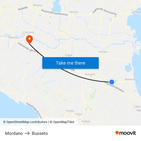 Mordano to Busseto map