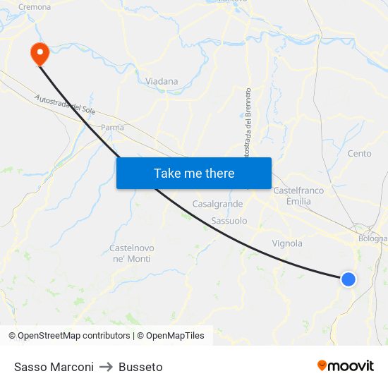 Sasso Marconi to Busseto map