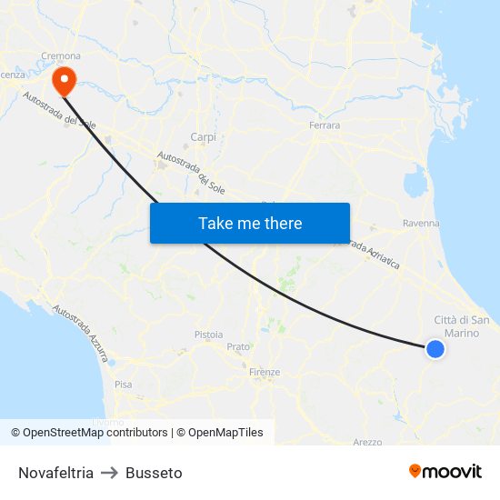 Novafeltria to Busseto map