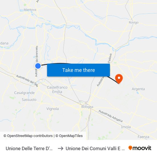 Unione Delle Terre D'Argine to Unione Dei Comuni Valli E Delizie map