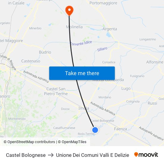 Castel Bolognese to Unione Dei Comuni Valli E Delizie map