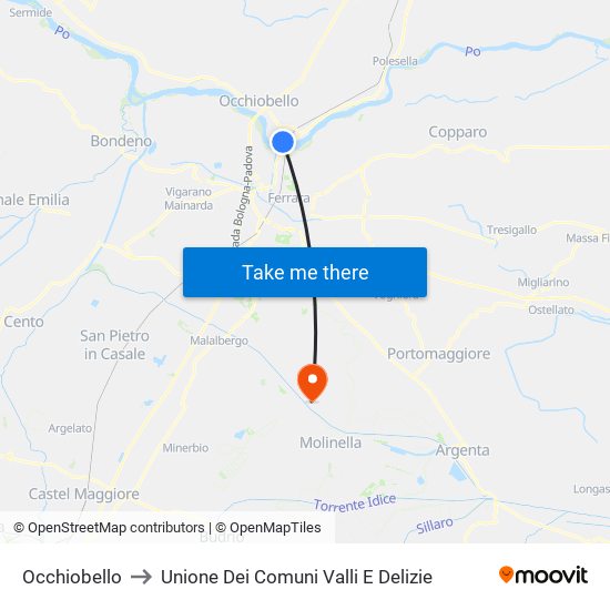 Occhiobello to Unione Dei Comuni Valli E Delizie map