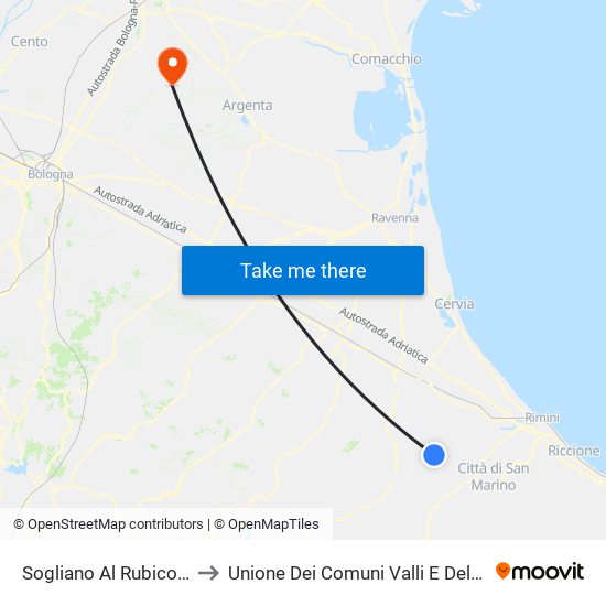 Sogliano Al Rubicone to Unione Dei Comuni Valli E Delizie map