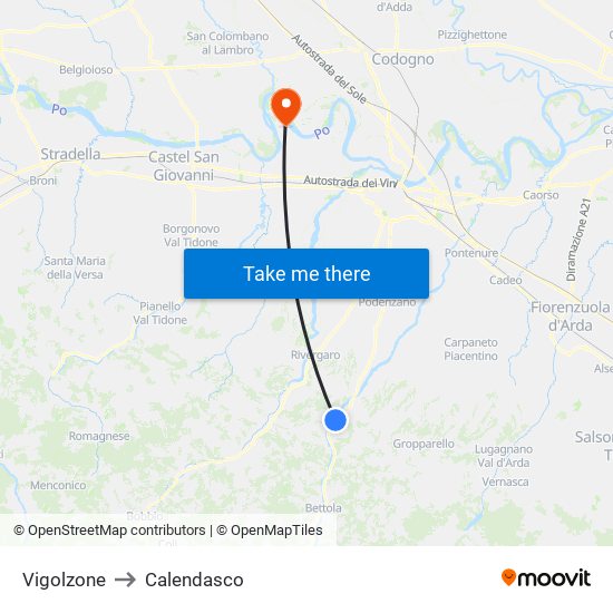 Vigolzone to Calendasco map