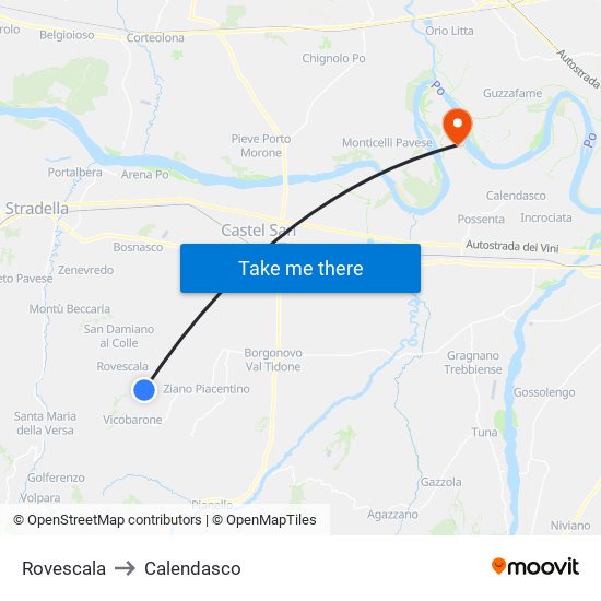 Rovescala to Calendasco map