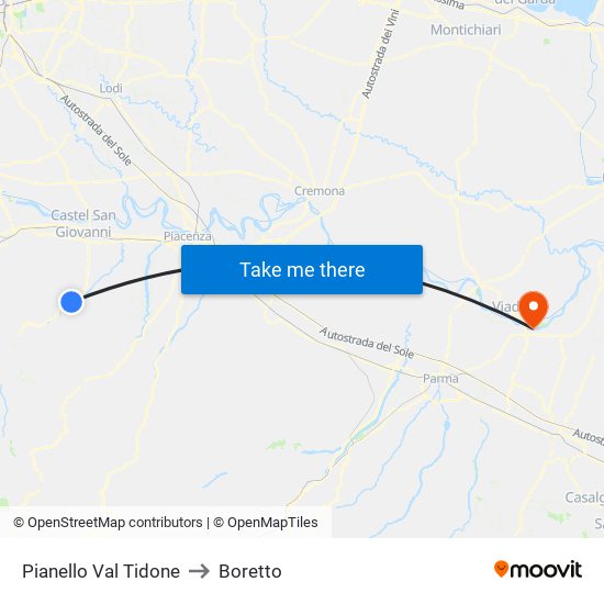Pianello Val Tidone to Boretto map