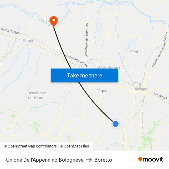 Unione Dell'Appennino Bolognese to Boretto map