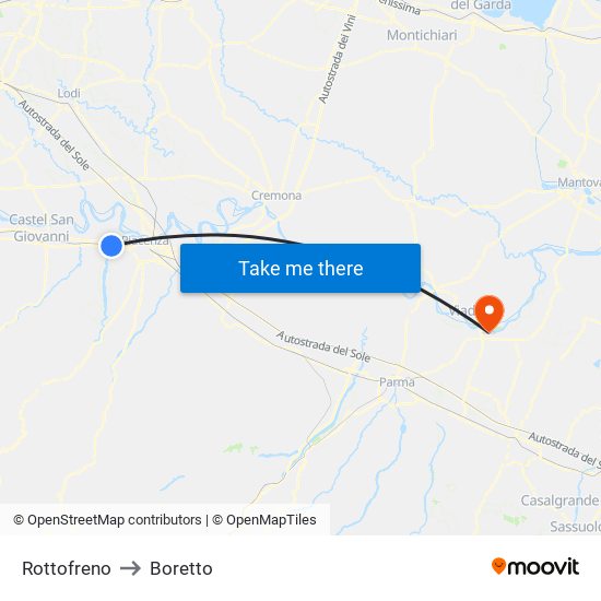 Rottofreno to Boretto map