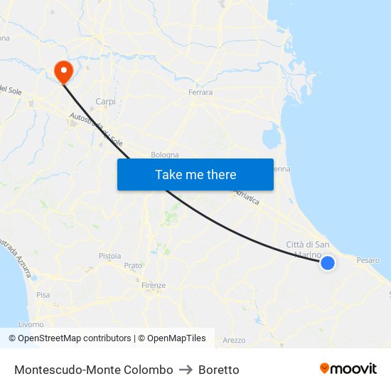 Montescudo-Monte Colombo to Boretto map