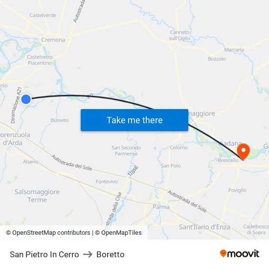 San Pietro In Cerro to Boretto map