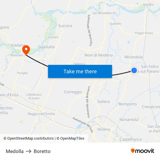 Medolla to Boretto map