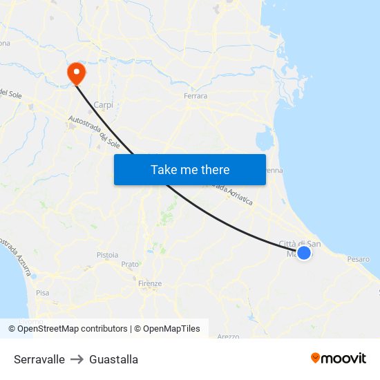 Serravalle to Guastalla map
