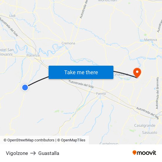 Vigolzone to Guastalla map