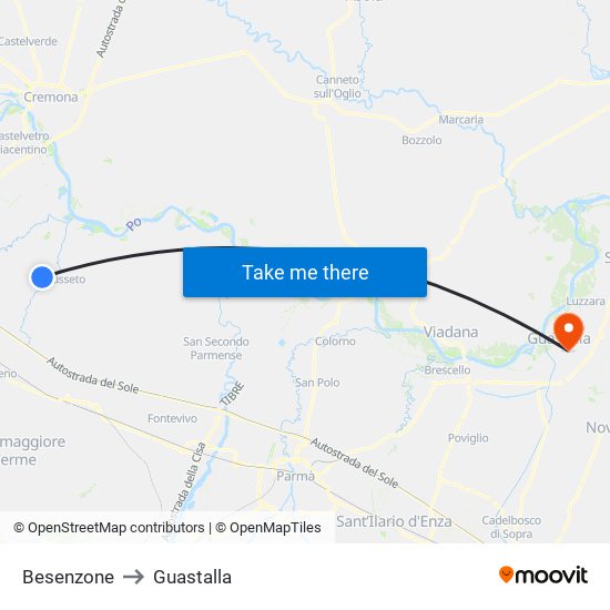 Besenzone to Guastalla map