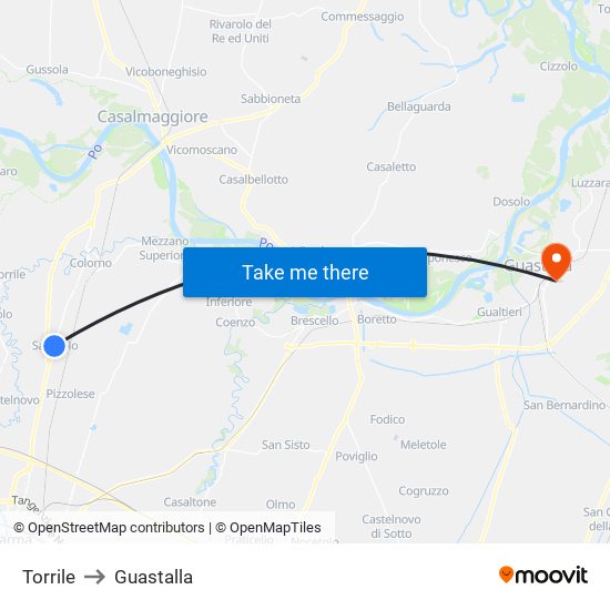 Torrile to Guastalla map