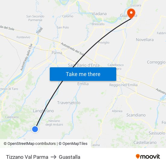 Tizzano Val Parma to Guastalla map