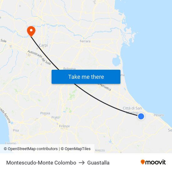 Montescudo-Monte Colombo to Guastalla map