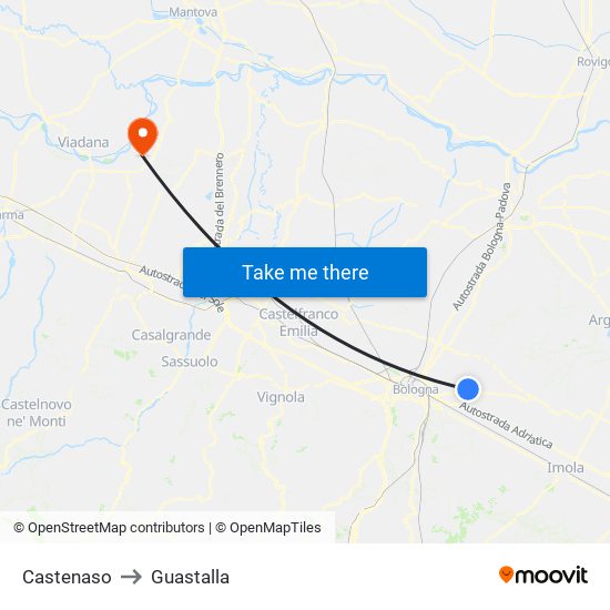 Castenaso to Guastalla map