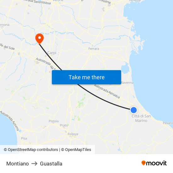 Montiano to Guastalla map