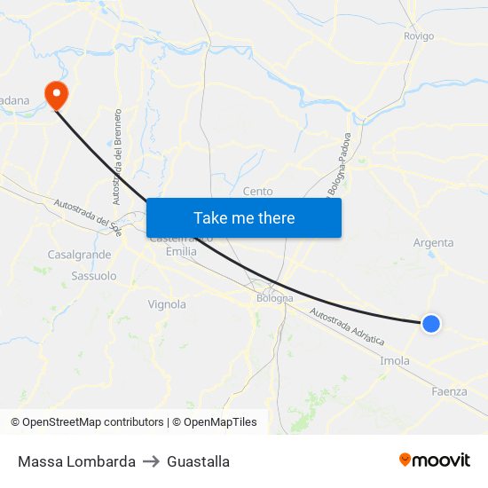 Massa Lombarda to Guastalla map