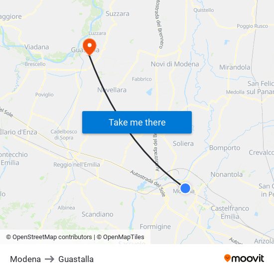 Modena to Guastalla map