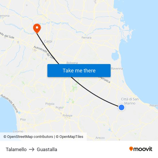 Talamello to Guastalla map