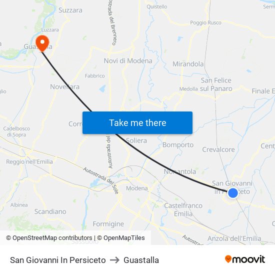 San Giovanni In Persiceto to Guastalla map