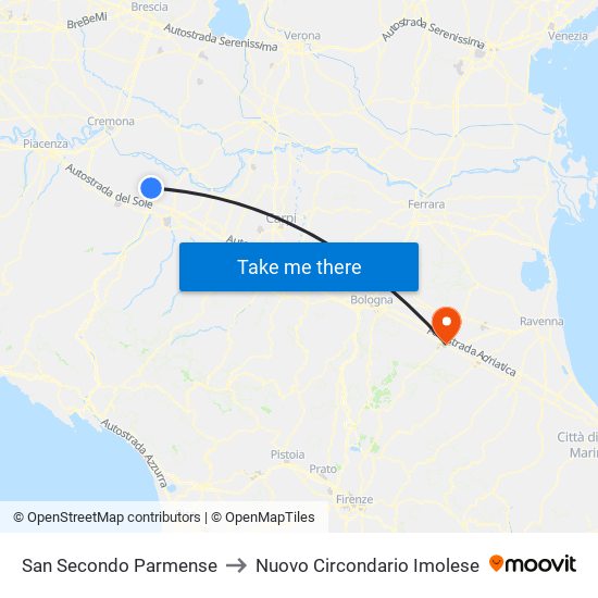 San Secondo Parmense to Nuovo Circondario Imolese map