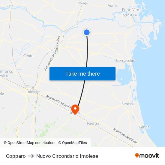 Copparo to Nuovo Circondario Imolese map