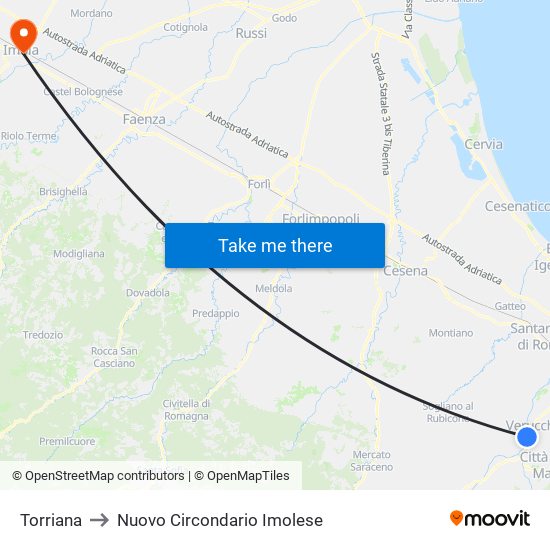 Torriana to Nuovo Circondario Imolese map