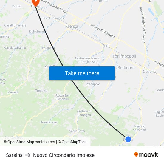 Sarsina to Nuovo Circondario Imolese map