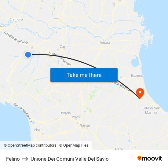 Felino to Unione Dei Comuni Valle Del Savio map