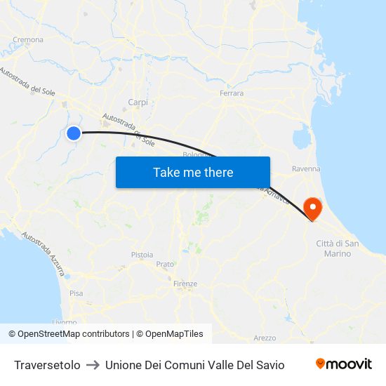 Traversetolo to Unione Dei Comuni Valle Del Savio map
