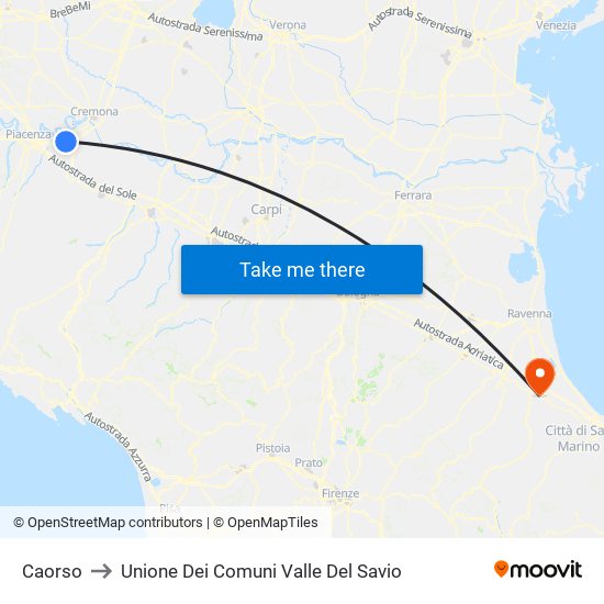 Caorso to Unione Dei Comuni Valle Del Savio map
