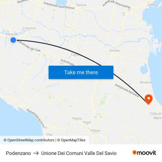 Podenzano to Unione Dei Comuni Valle Del Savio map