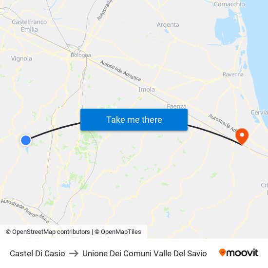 Castel Di Casio to Unione Dei Comuni Valle Del Savio map