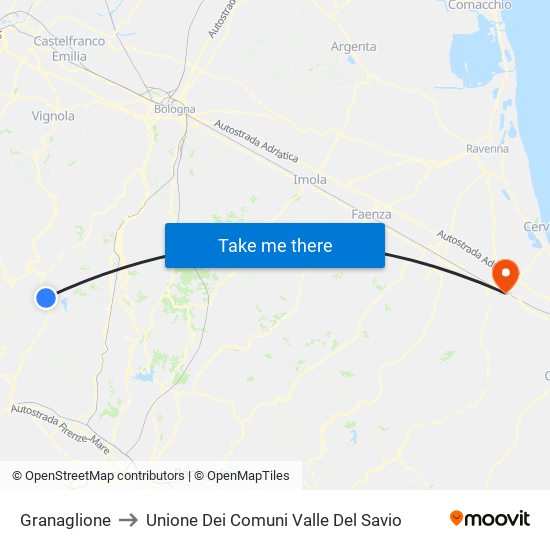 Granaglione to Unione Dei Comuni Valle Del Savio map