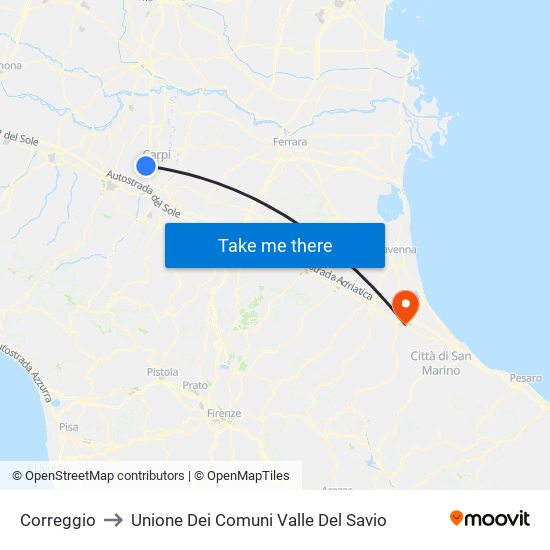 Correggio to Unione Dei Comuni Valle Del Savio map