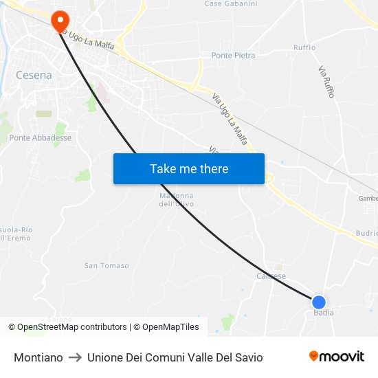 Montiano to Unione Dei Comuni Valle Del Savio map