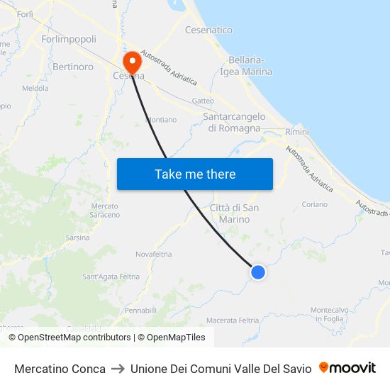 Mercatino Conca to Unione Dei Comuni Valle Del Savio map